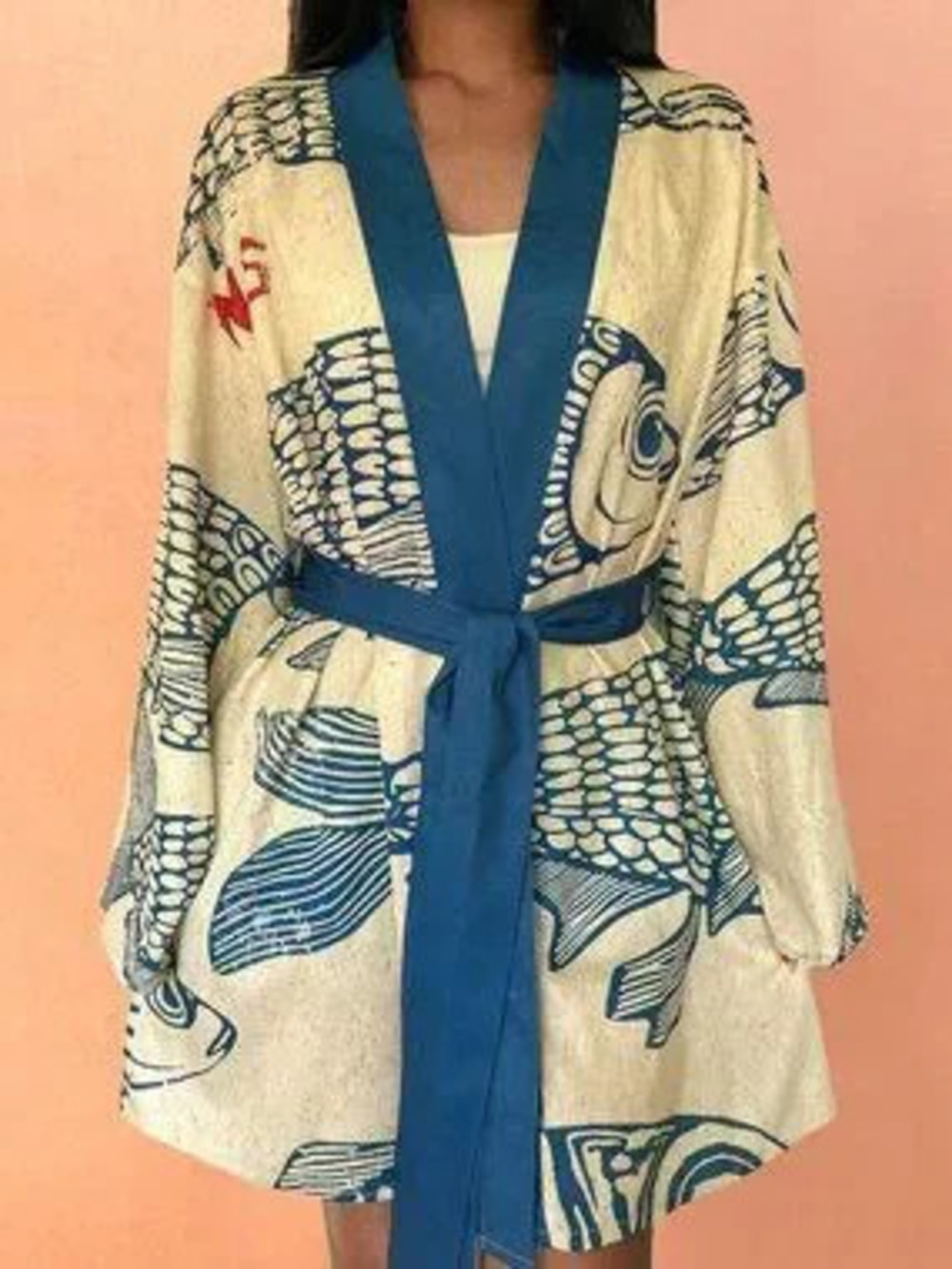 ZARA Apricot Cute Women's Fish Graphic Casual Kimono Style Mini Dress